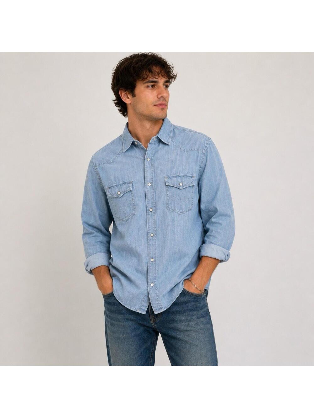 BKE Light Blue Pearl Snap Western Shirt Men’s Large Rodeo Cowboy Chambray